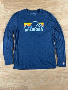 The Mitten State Michigan Retro Sunset Mountain Long Sleeve Tee Shirt in Navy